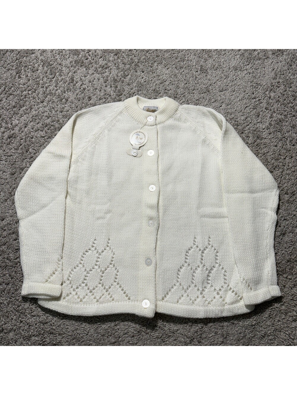 NWT Vintage 70s Risa White Pointelle Cardigan Sweater Grandma Dainty Womens Med